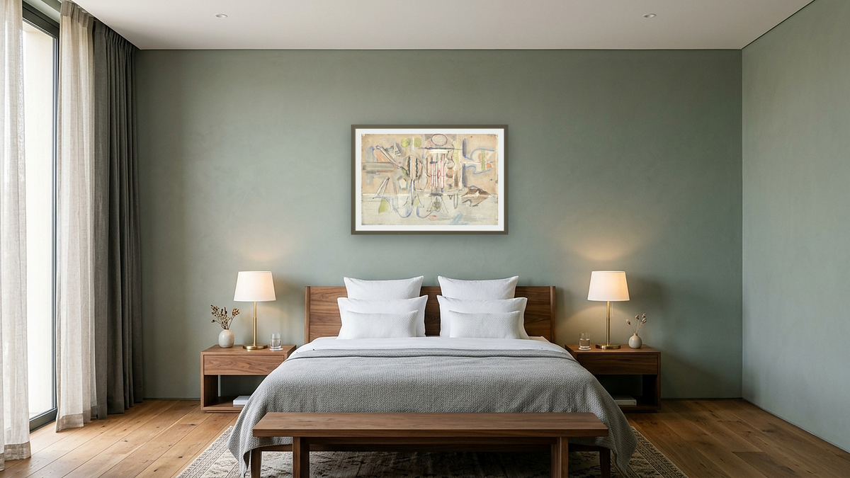Untitled (recto) by Mark Rothko, shown at 28 × 42 in (71.1 × 106.7 cm) in Ramino Satin Black, hotel guest room