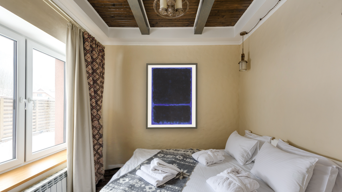 Untitled by Mark Rothko, shown at 30 × 40 in (76.2 × 101.6 cm) in Ramino Satin Black, hotel guest room