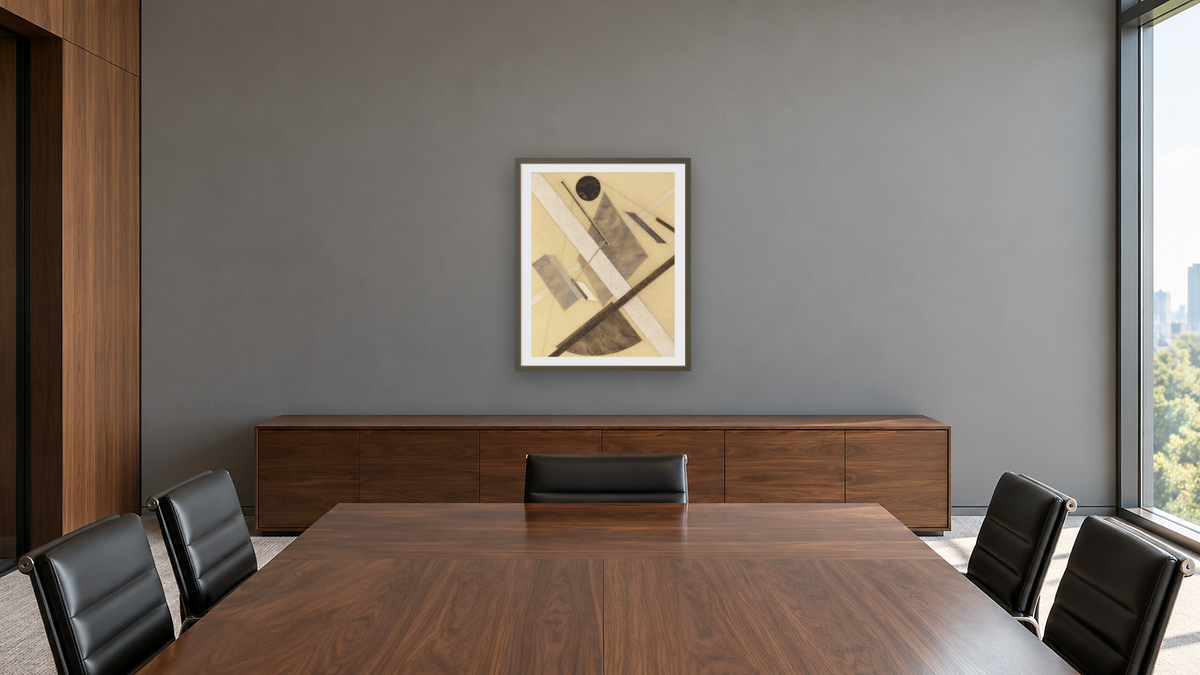 Proun: Path of Energy and Dynamic Flows by El Lissitzky, shown at 32 × 40 in (81.3 × 101.6 cm) in Ramino Satin Black, boardroom