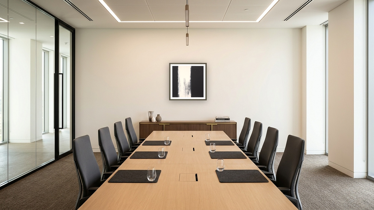 Black and White 1 by Tayt Modern, shown at 32 × 32 in (81.3 × 81.3 cm) in Ramino Satin Black, boardroom