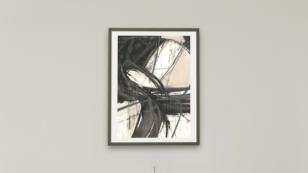 The Drummer Inside by Kelly O'Neal, shown at 30 × 40 in (76.2 × 101.6 cm) in Ramino Satin Black, boardroom