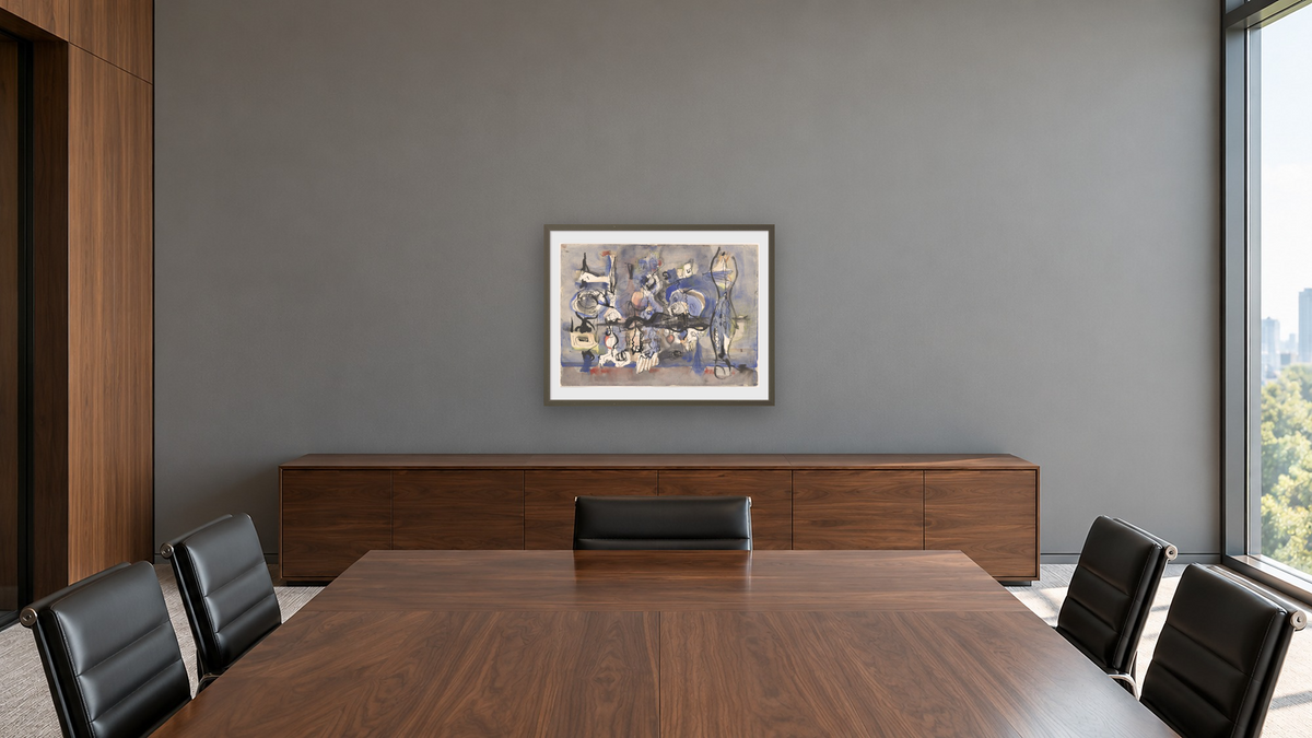 Abstract Composition in Blue, Black, Gray, Red, and Yellow by Mark Rothko, shown at 30 × 40 in (76.2 × 101.6 cm) in Ramino Satin Black, boardroom