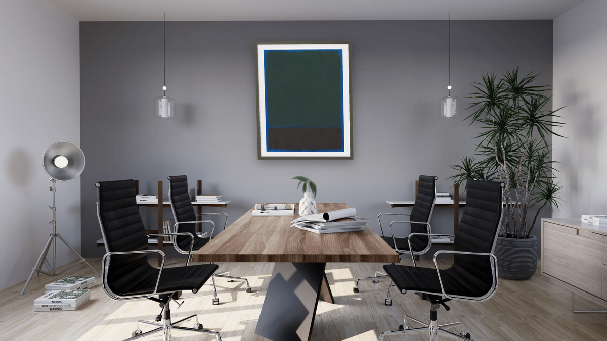 Untitled by Mark Rothko, shown at 32 × 40 in (81.3 × 101.6 cm) in Ramino Satin Black, boardroom