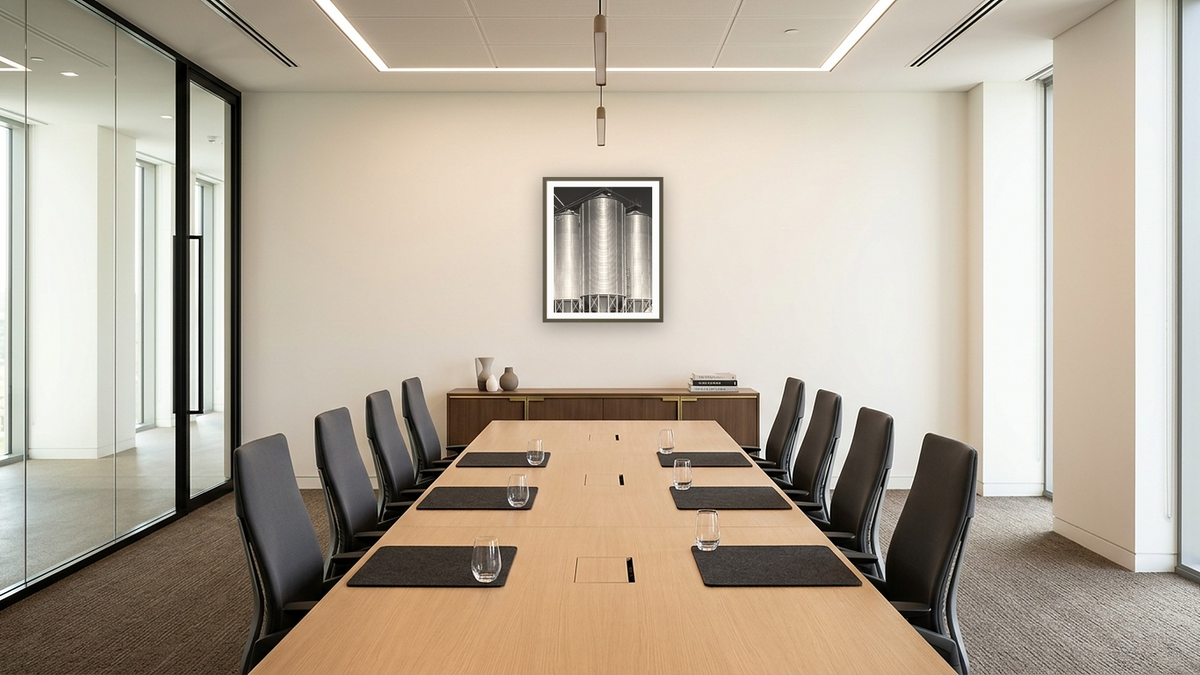 Corrugated Metal Silos #3 by Gordon Osmundson, shown at 32 × 40 in (81.3 × 101.6 cm) in Ramino Satin Black, boardroom