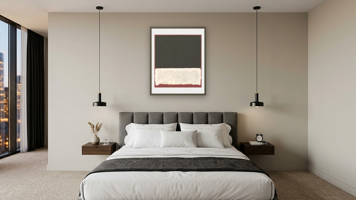 Untitled by Mark Rothko, shown at 32 × 40 in (81.3 × 101.6 cm) in Ramino Satin Black, hotel guest room