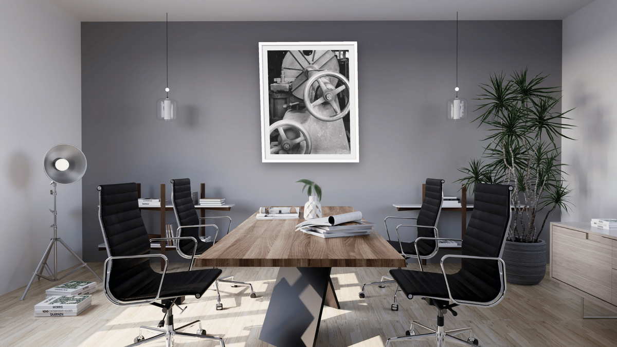 Axle Lathe #2 by Gordon Osmundson, shown at 32 × 40 in (81.3 × 101.6 cm) in Ramino Satin Black, boardroom