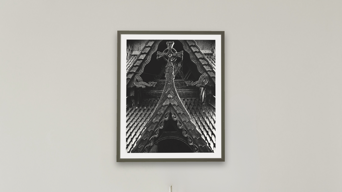 Stave Church #3 by Gordon Osmundson, shown at 32 × 40 in (81.3 × 101.6 cm) in Ramino Satin Black, boardroom