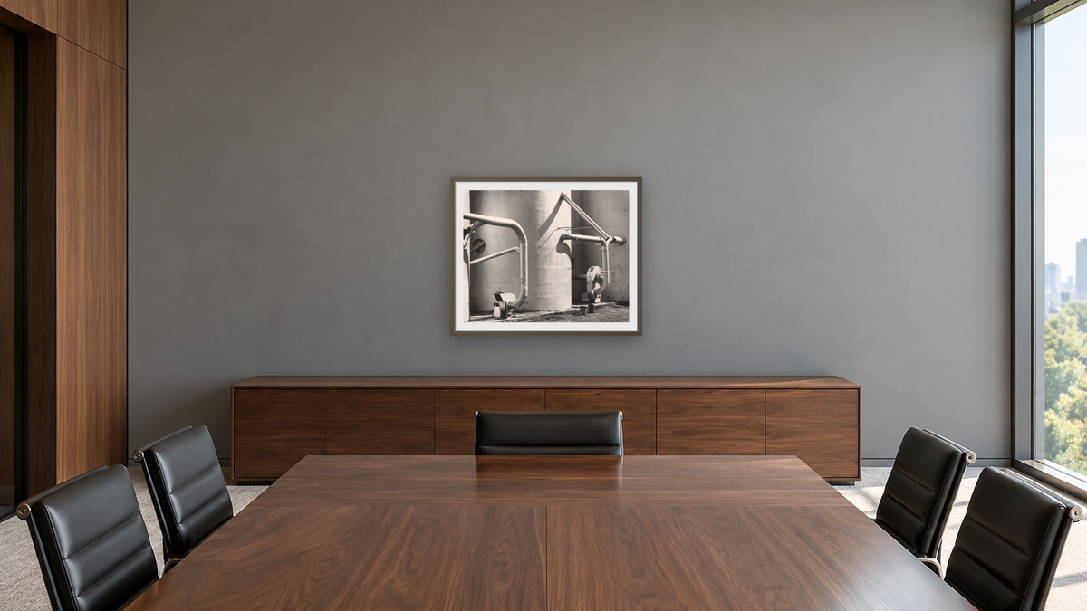 Arbuckle Warehouse #7 by Gordon Osmundson, shown at 32 × 40 in (81.3 × 101.6 cm) in Ramino Satin Black, boardroom