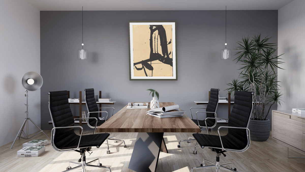 Untitled by Franz Kline, shown at 32 × 40 in (81.3 × 101.6 cm) in Ramino Satin Black, boardroom