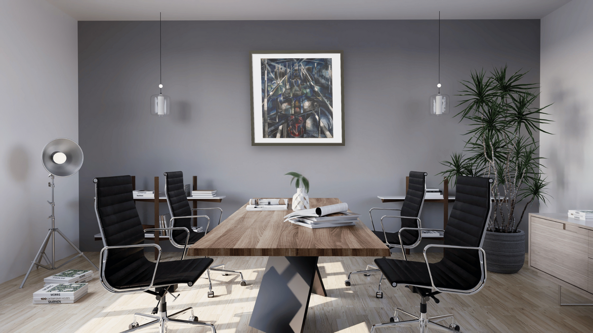 Brooklyn Bridge by Joseph Stella, shown at 32 × 32 in (81.3 × 81.3 cm) in Ramino Satin Black, boardroom