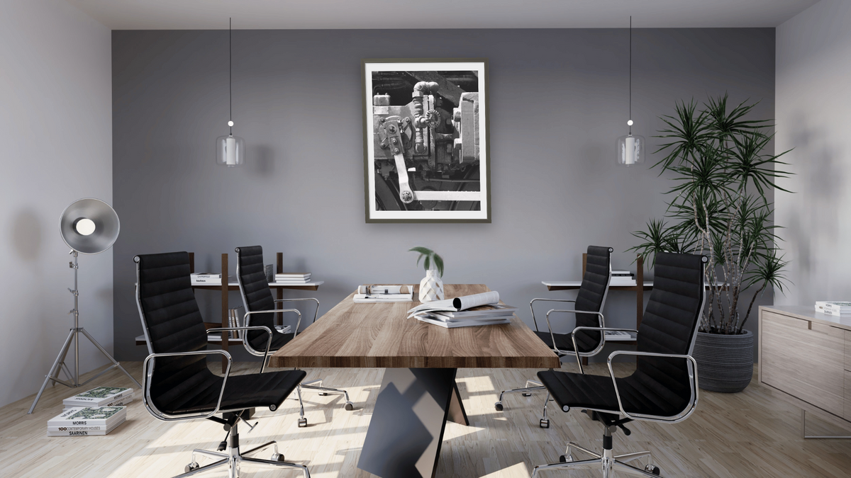 Mechanical Lubricator, AT&SF #3751 from the Railroad Series by Gordon Osmundson, shown at 30 × 40 in (76.2 × 101.6 cm) in Ramino Satin Black, boardroom