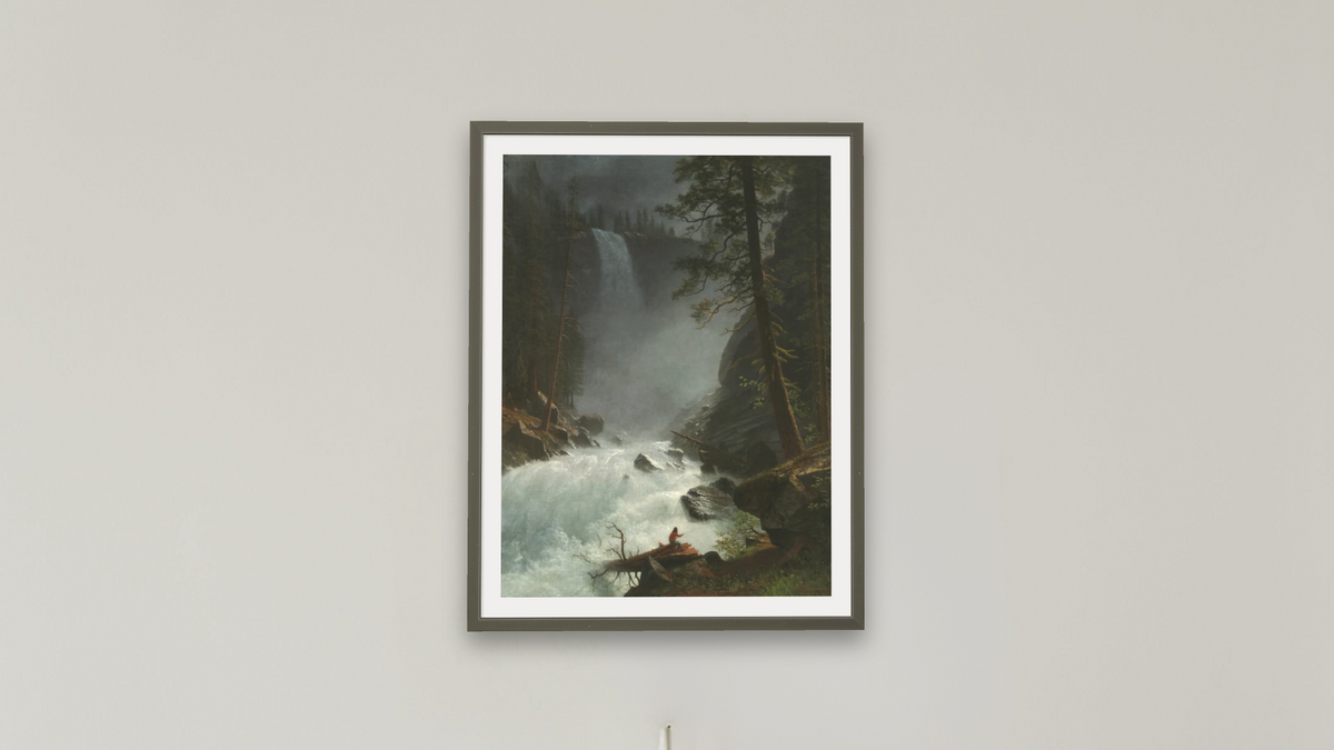 A Stream in the Rocky Mountains by Albert Bierstadt, shown at 30 × 40 in (76.2 × 101.6 cm) in Ramino Satin Black, boardroom