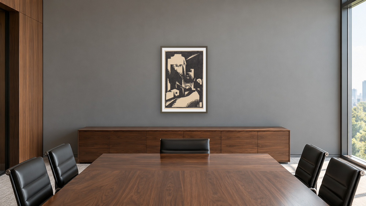 Nocturne, Wynyard Square by Dorrit Black, shown at 28 × 42 in (71.1 × 106.7 cm) in Ramino Satin Black, boardroom