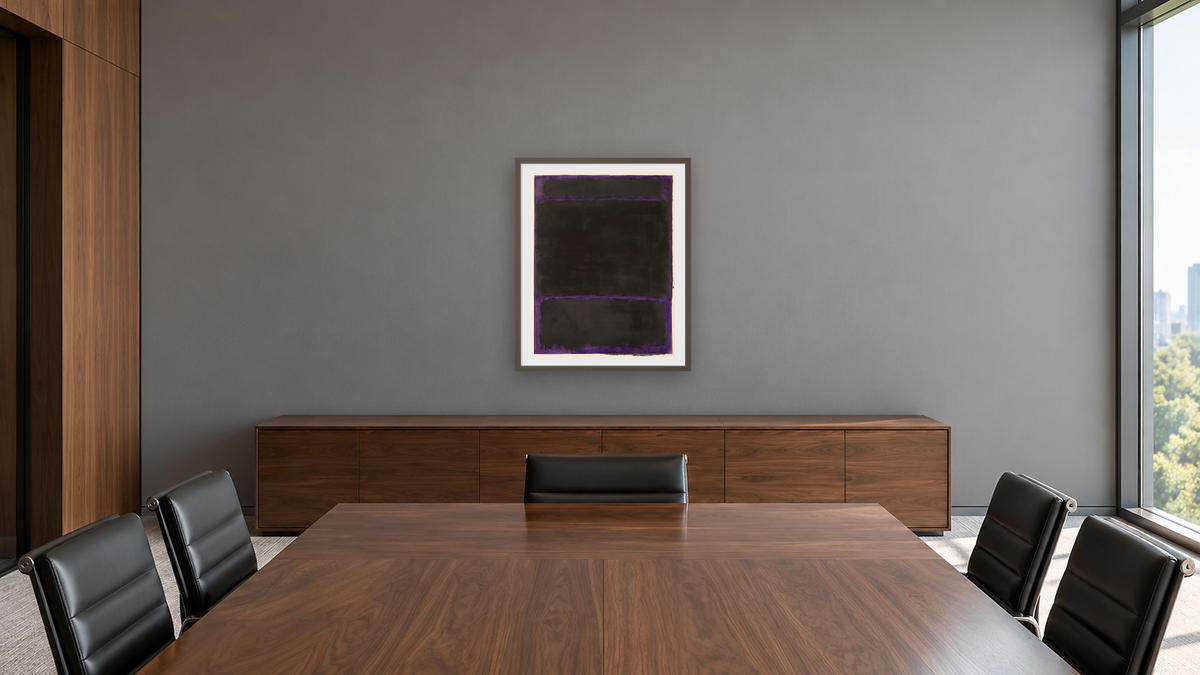 Untitled by Mark Rothko, shown at 32 × 40 in (81.3 × 101.6 cm) in Ramino Satin Black, boardroom