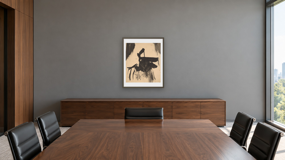Untitled by Franz Kline, shown at 32 × 40 in (81.3 × 101.6 cm) in Ramino Satin Black, boardroom