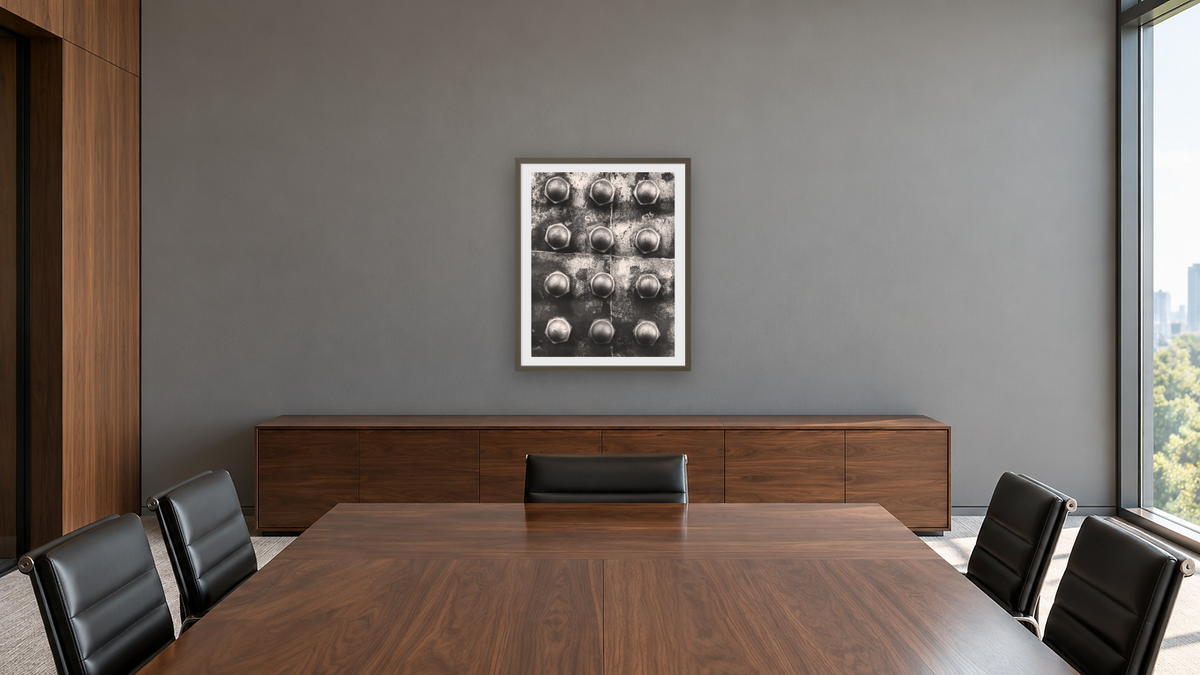 Twelve Acorn Stay Bolt Caps #2, C&TS #484 by Gordon Osmundson, shown at 32 × 40 in (81.3 × 101.6 cm) in Ramino Satin Black, boardroom
