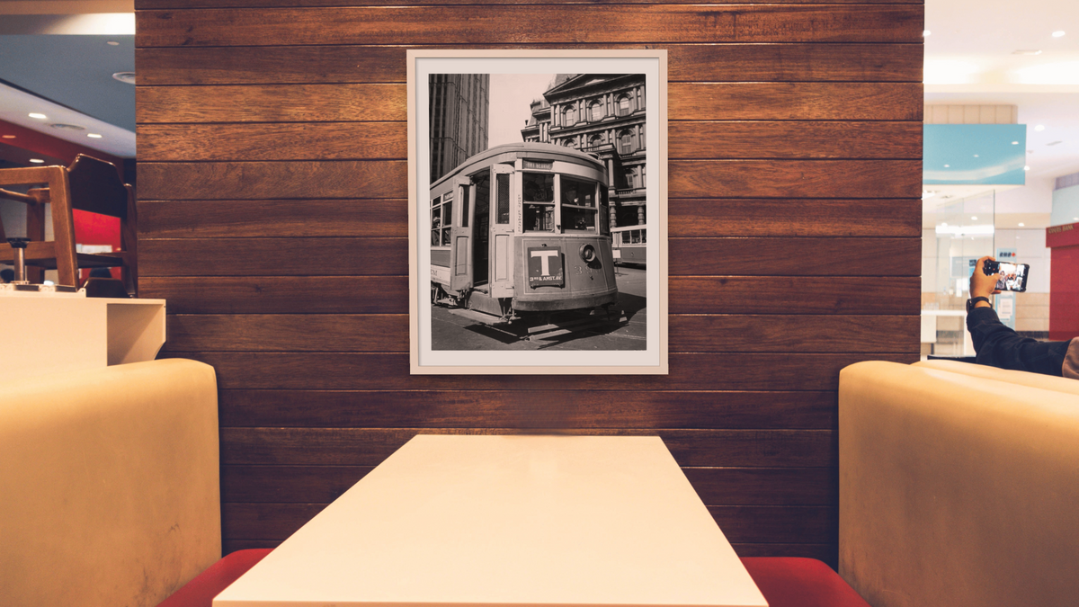 Old Post Office with Trolley - II, Park Row and Broadway, Manhattan by Berenice Abbott, shown at 30 × 40 in (76.2 × 101.6 cm) in Ramino Opaque White, restaurant