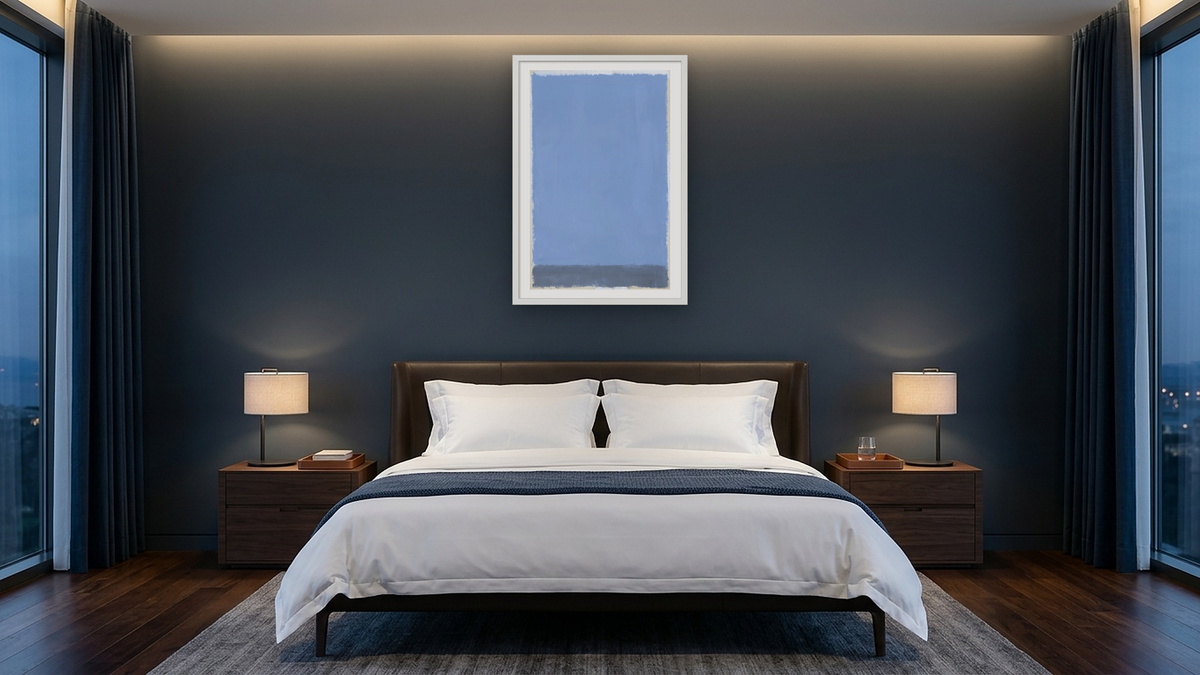 Untitled by Mark Rothko, shown at 28 × 42 in (71.1 × 106.7 cm) in Ramino Opaque White, hotel guest room