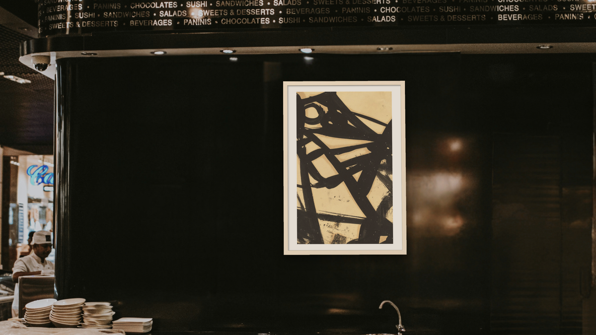 Untitled by Franz Kline, shown at 28 × 42 in (71.1 × 106.7 cm) in Ramino Opaque White, restaurant