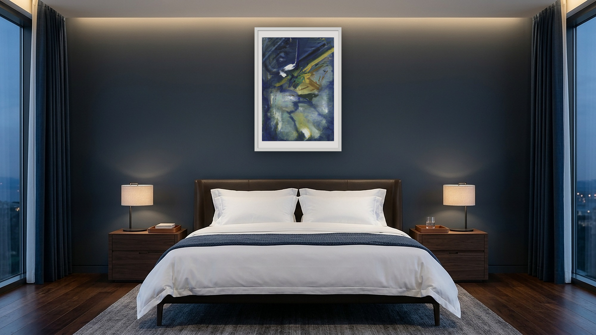 Untitled by Franz Kline, shown at 28 × 42 in (71.1 × 106.7 cm) in Ramino Opaque White, hotel guest room