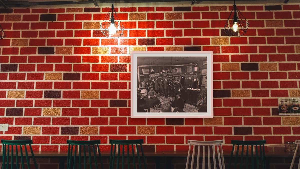 McSorley's Ale House, 15 East 7th Street, Manhattan by Berenice Abbott, shown at 30 × 40 in (76.2 × 101.6 cm) in Ramino Opaque White, restaurant