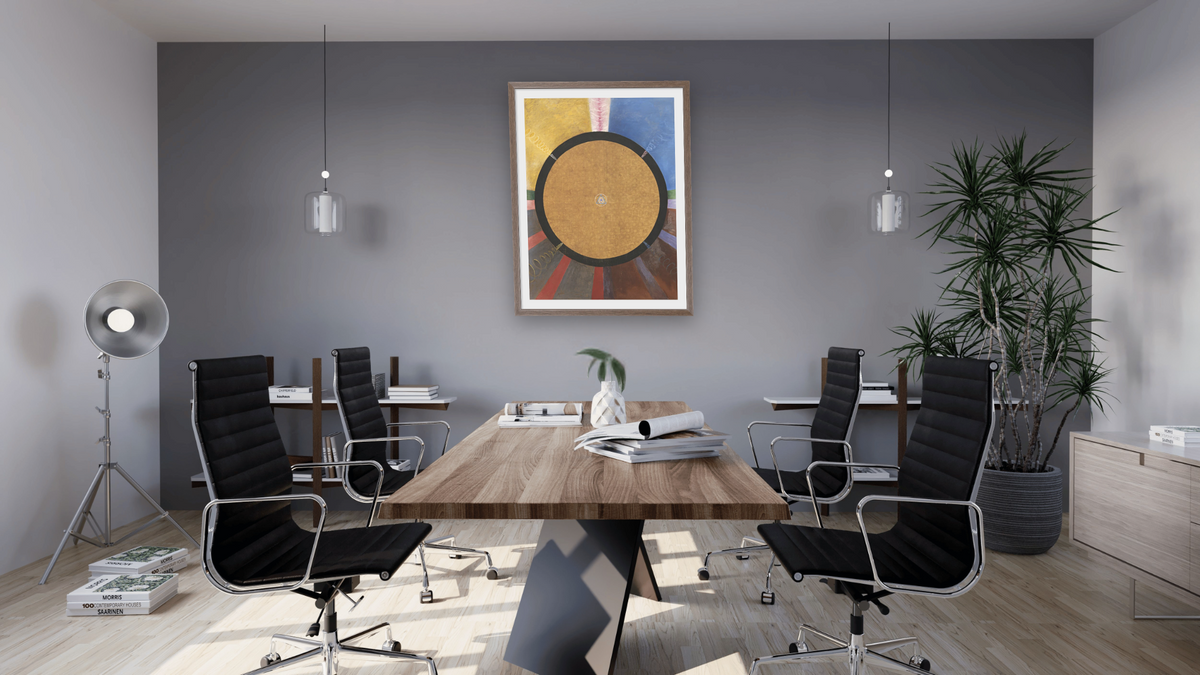 Group X, No. 3, Altarpiece by Hilma af Klint, shown at 30 × 40 in (76.2 × 101.6 cm) in Arber Light Walnut, boardroom
