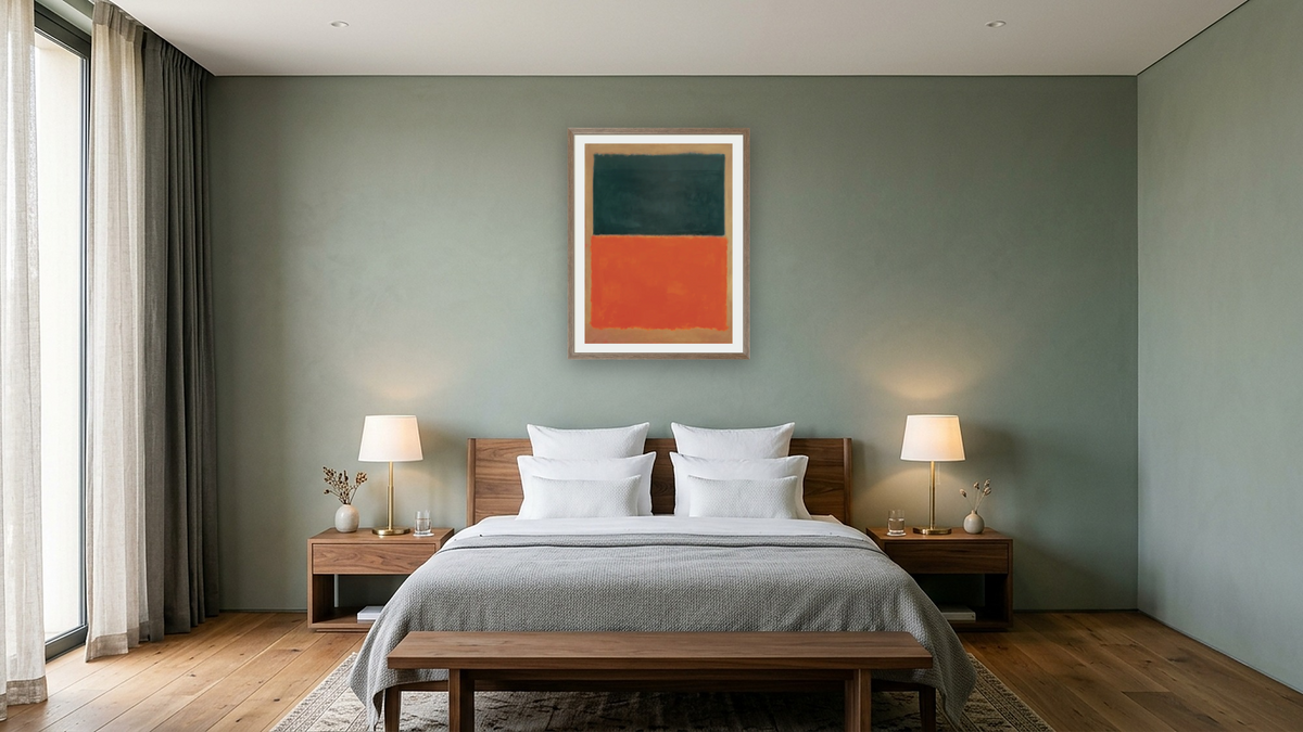 Green and Tangerine on Red by Mark Rothko, shown at 30 × 40 in (76.2 × 101.6 cm) in Arber Light Walnut, hotel guest room
