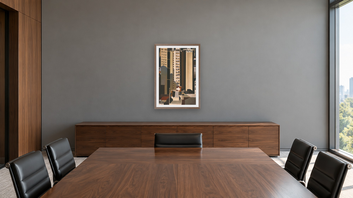 Skyscrapers by Charles Sheeler, shown at 28 × 42 in (71.1 × 106.7 cm) in Arber Light Walnut, boardroom