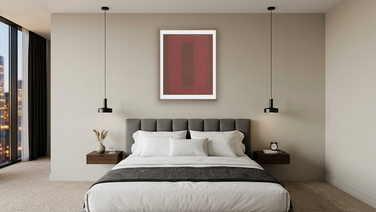 Untitled by Mark Rothko, shown at 32 × 40 in (81.3 × 101.6 cm) in Arber Light Walnut, hotel guest room