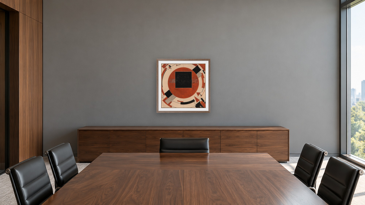Design for Monument to Roza Luxemburg by El Lissitzky, shown at 32 × 32 in (81.3 × 81.3 cm) in Arber Light Walnut, boardroom