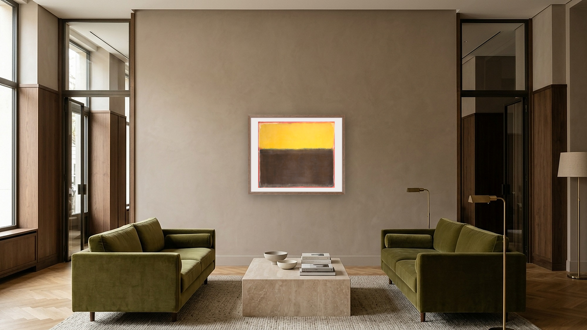 Untitled by Mark Rothko, shown at 32 × 40 in (81.3 × 101.6 cm) in Arber Light Walnut, hotel lobby