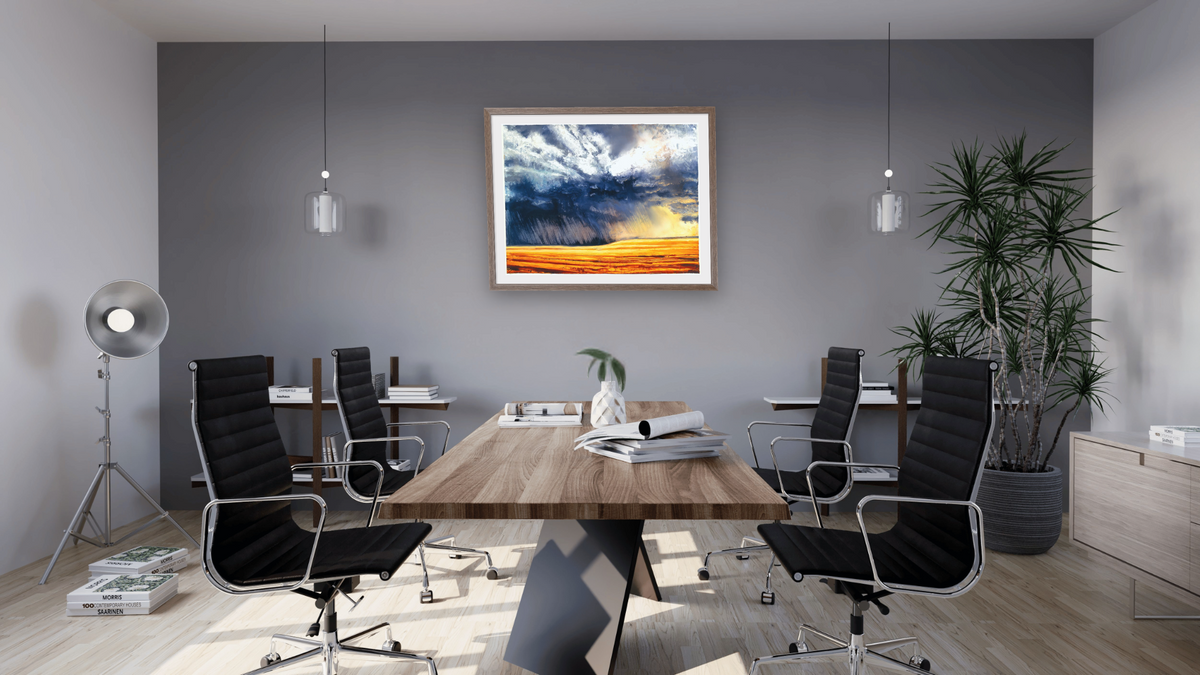 Wheat Field by Alexis Rockman, shown at 30 × 40 in (76.2 × 101.6 cm) in Arber Light Walnut, boardroom