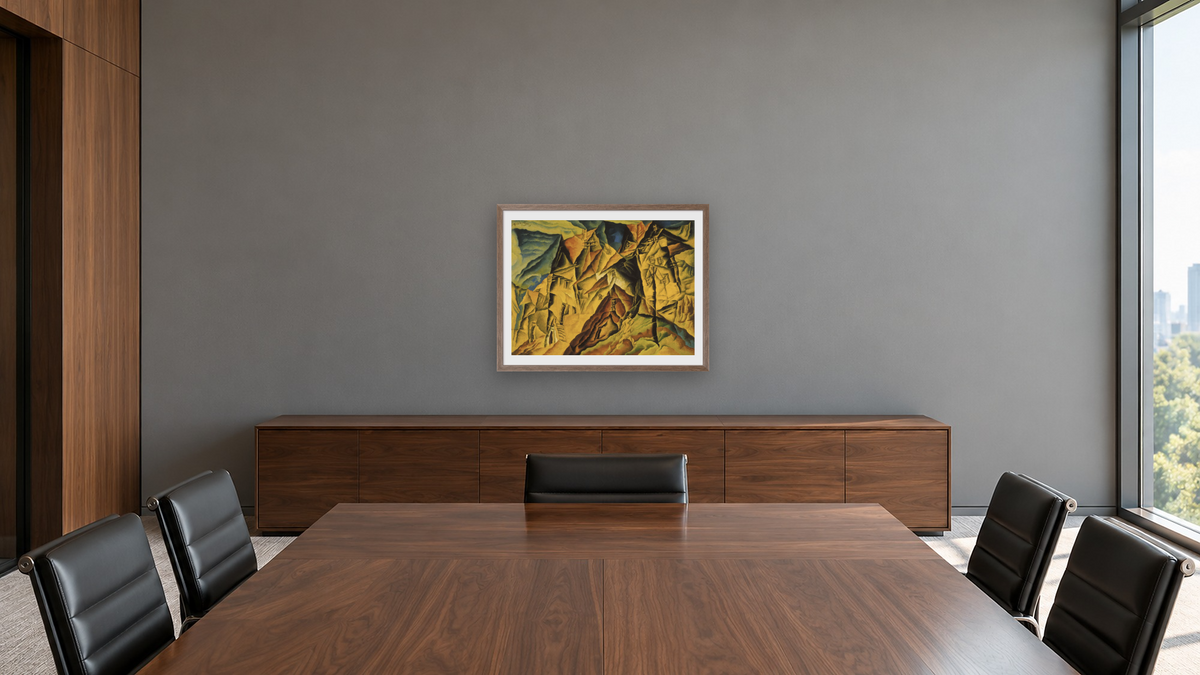 Denstedt by Lyonel Feininger, shown at 30 × 40 in (76.2 × 101.6 cm) in Arber Light Walnut, boardroom