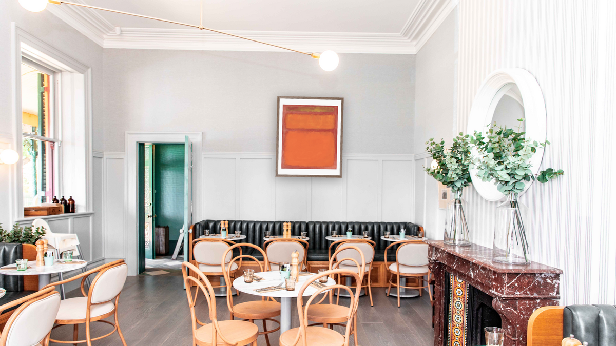 Orange, Red, Yellow by Mark Rothko, shown at 32 × 40 in (81.3 × 101.6 cm) in Arber Light Walnut, restaurant