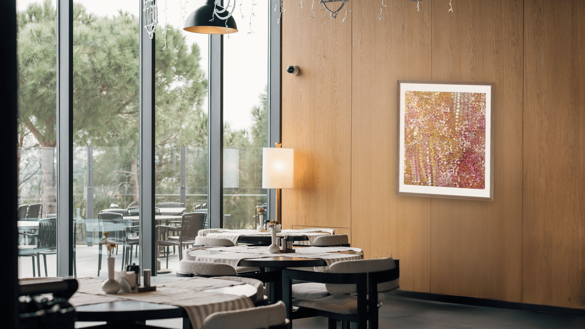 Bush Plum by Polly Ngale, shown at 32 × 40 in (81.3 × 101.6 cm) in Arber Light Walnut, restaurant