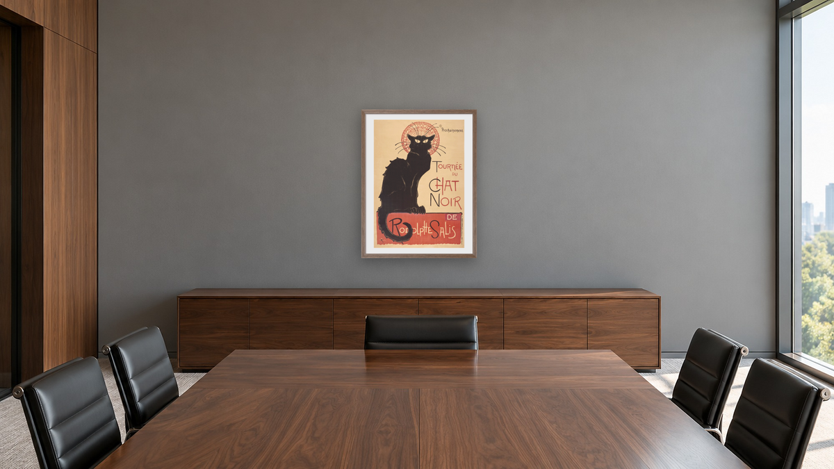 Tournée du Chat Noir de Rodolphe Salis by Théophile Alexandre Steinlen, shown at 30 × 40 in (76.2 × 101.6 cm) in Arber Light Walnut, boardroom