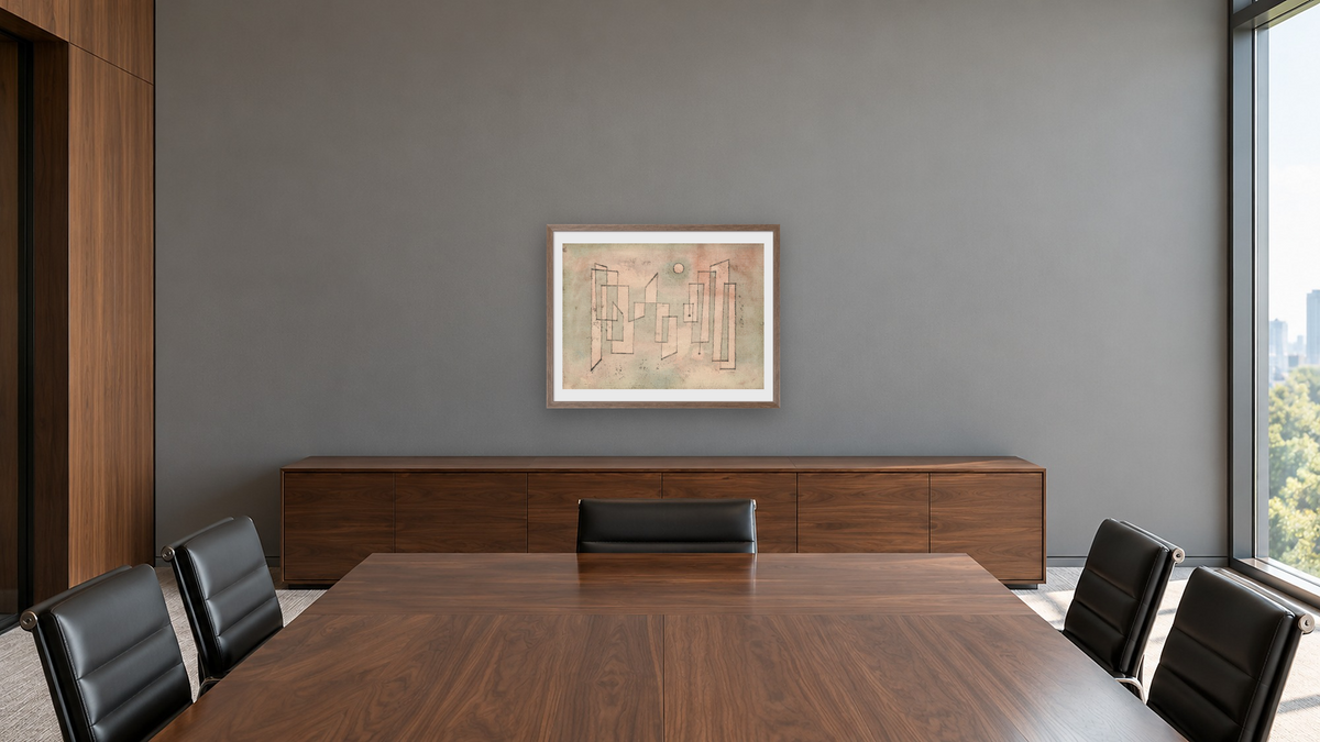 Foundation (Grundfeste) by Paul Klee, shown at 30 × 40 in (76.2 × 101.6 cm) in Arber Light Walnut, boardroom