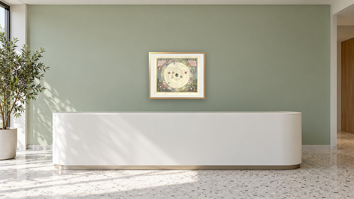 Plate 8 from Harmonia Macrocosmica by Andreas Cellarius, shown at 32 × 40 in (81.3 × 101.6 cm) in Ramino Night Gold, corporate reception