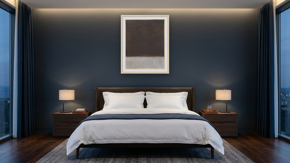 Untitled (brown and gray) by Mark Rothko, shown at 32 × 40 in (81.3 × 101.6 cm) in Arber Natural, hotel guest room
