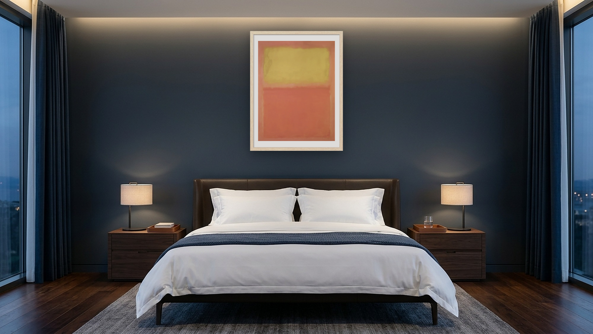 Orange and Yellow by Mark Rothko, shown at 30 × 40 in (76.2 × 101.6 cm) in Arber Natural, hotel guest room