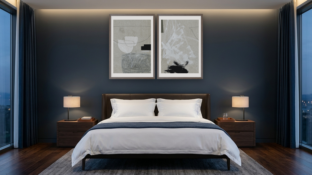 Diptych — Lifestyle 1 × Lifestyle 2, shown at 28 × 42 in (71.1 × 106.7 cm) in Arber Light Walnut, hotel guest room