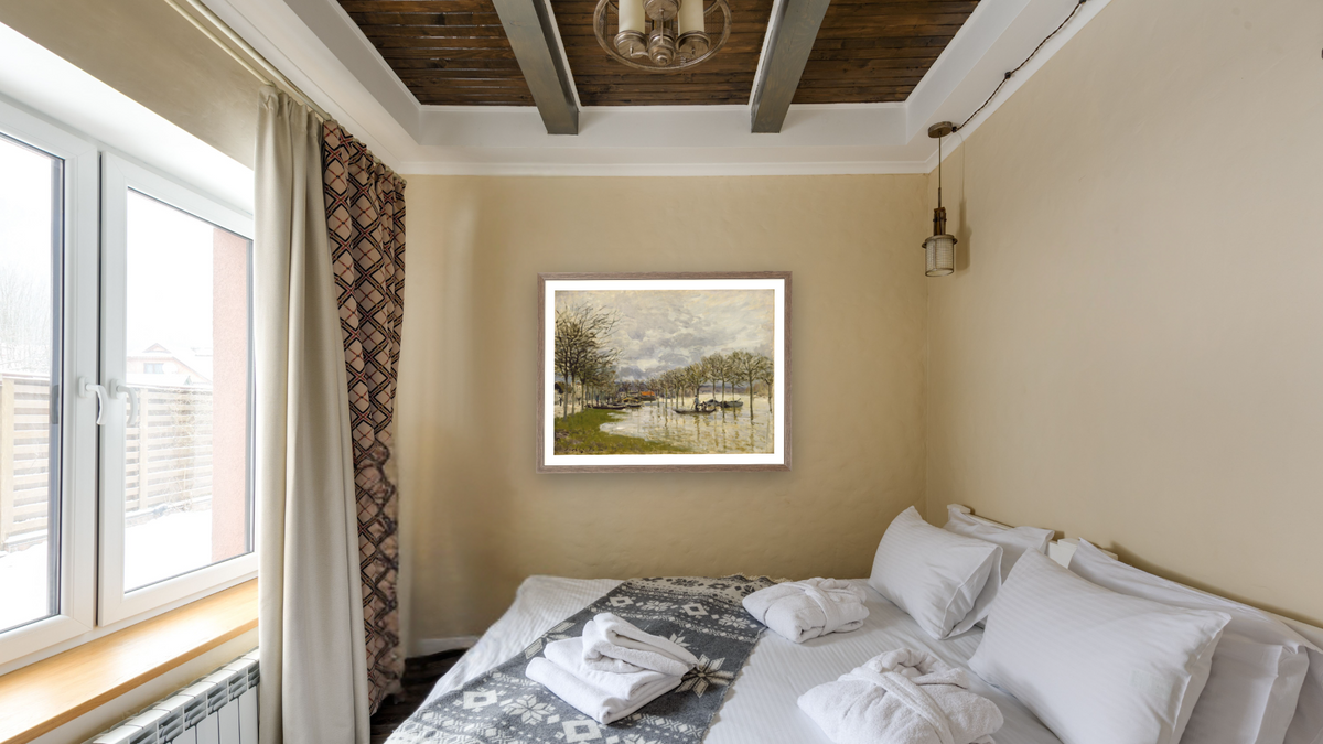 The Flood on the Road to Saint-Germain by Alfred Sisley, shown at 30 × 40 in (76.2 × 101.6 cm) in Arber Light Walnut, hotel guest room