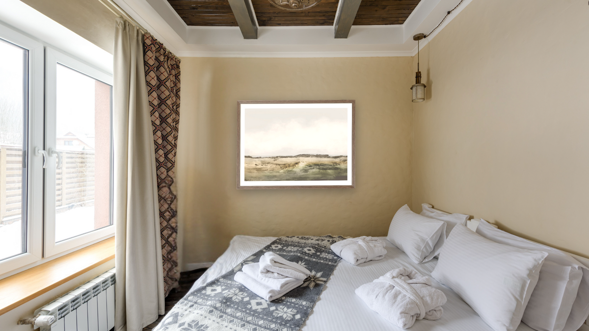 Mexico by Dan Hobday, shown at 30 × 42 in (76.2 × 106.7 cm) in Arber Light Walnut, hotel guest room