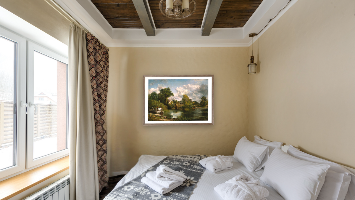 The White Horse by John Constable, shown at 28 × 42 in (71.1 × 106.7 cm) in Arber Light Walnut, hotel guest room