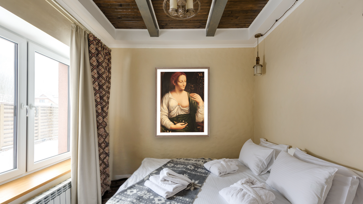Columbine by Leonardo da Vinci, shown at 30 × 40 in (76.2 × 101.6 cm) in Arber Light Walnut, hotel guest room