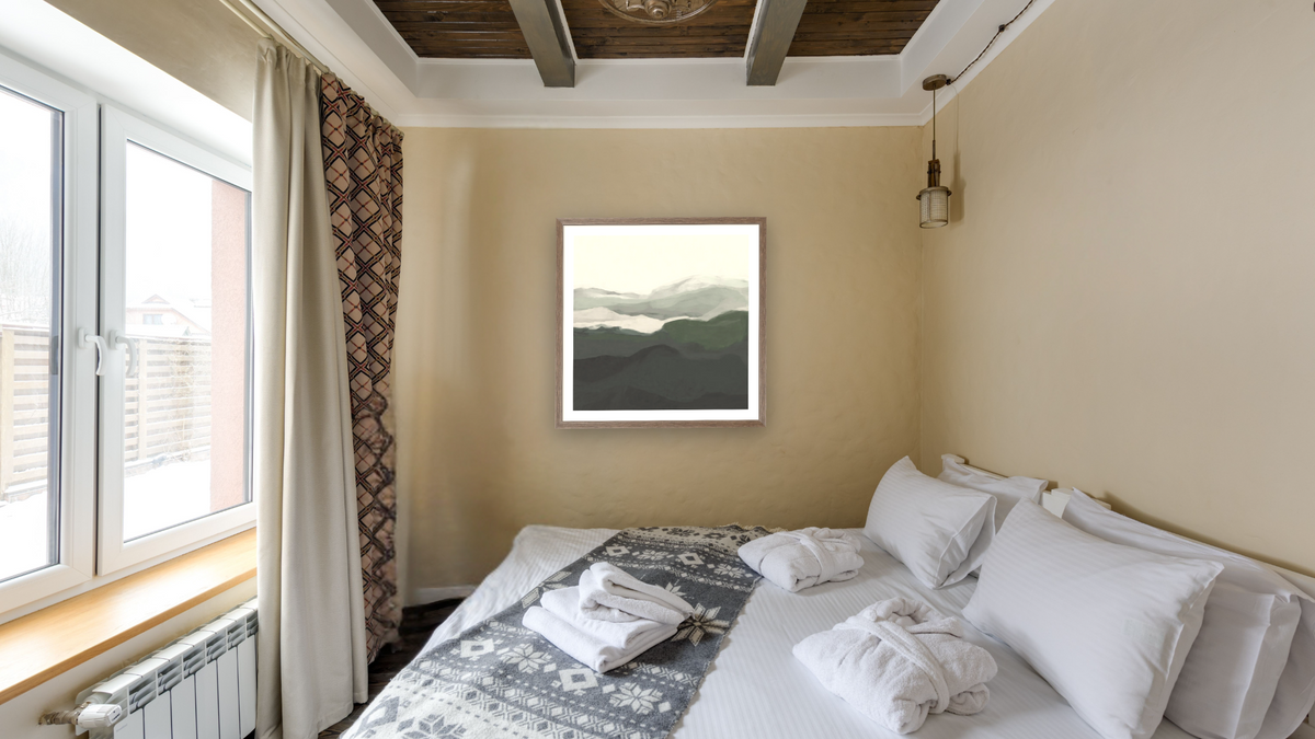 Emerald Lake by Dan Hobday, shown at 32 × 32 in (81.3 × 81.3 cm) in Arber Light Walnut, hotel guest room
