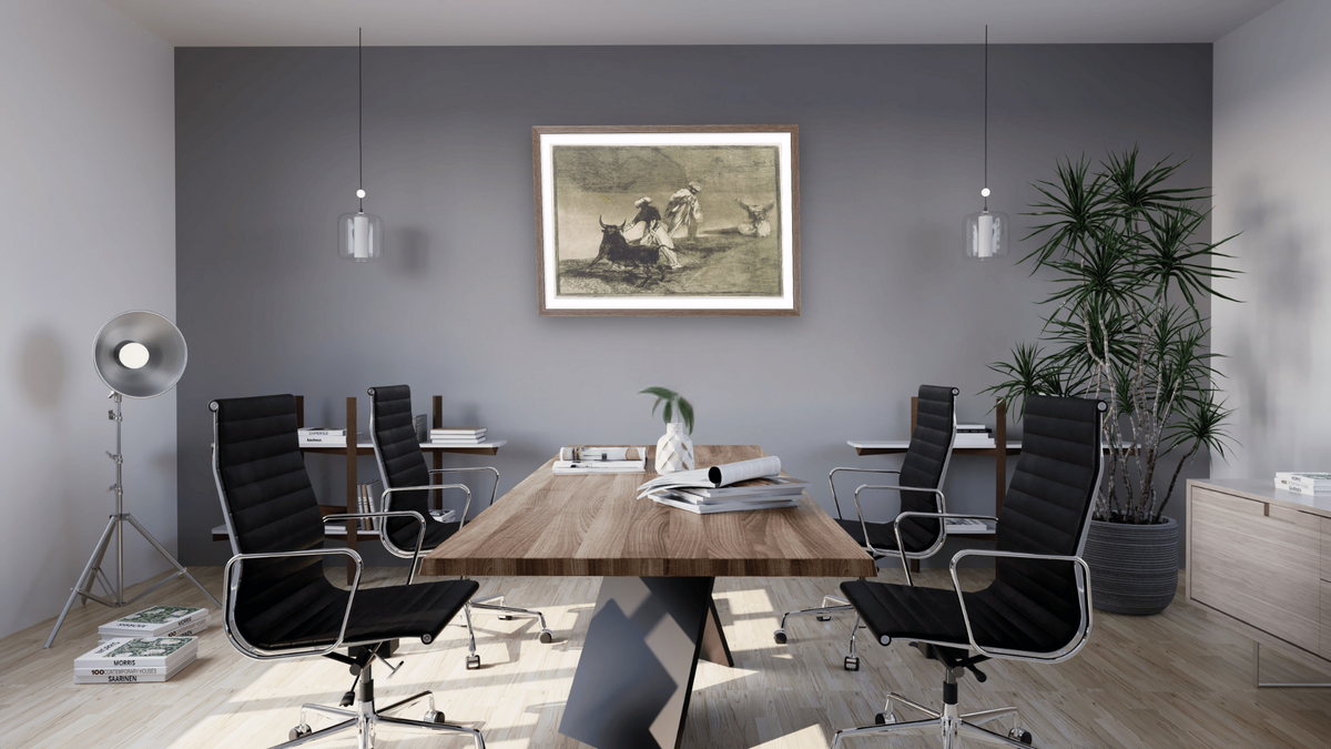 They Play Another with the Cape... from L by Francisco José de Goya, shown at 28 × 42 in (71.1 × 106.7 cm) in Arber Light Walnut, boardroom
