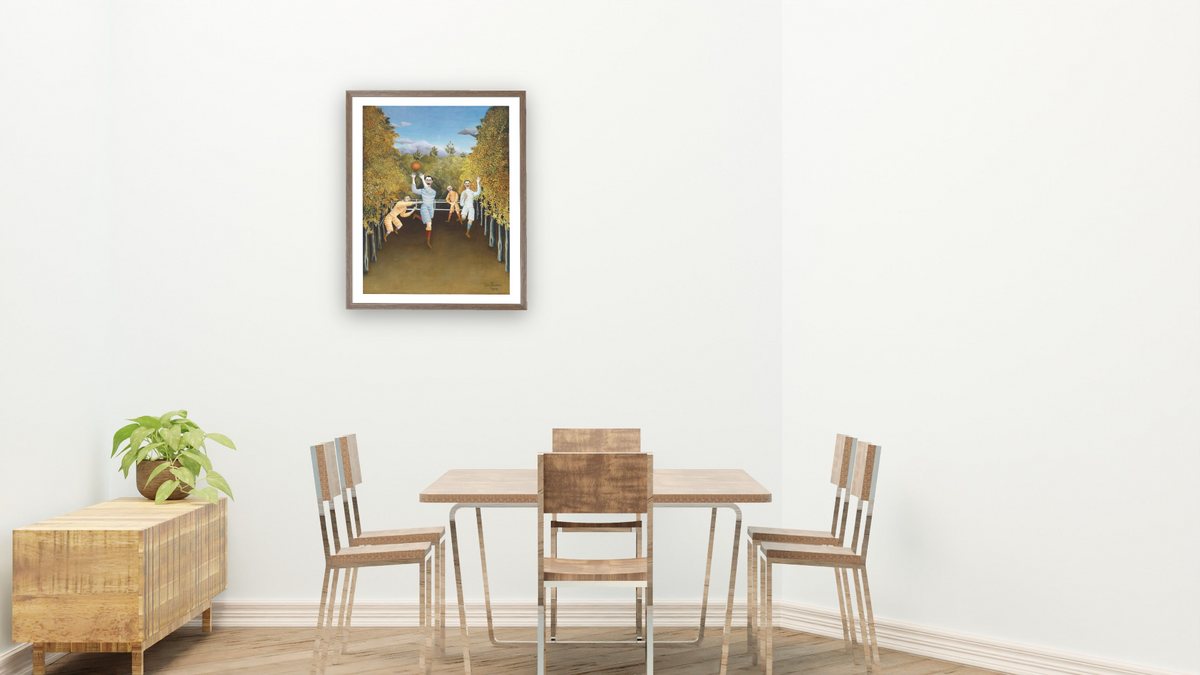 The Football Players by Henri Rousseau, shown at 32 × 40 in (81.3 × 101.6 cm) in Arber Light Walnut, restaurant