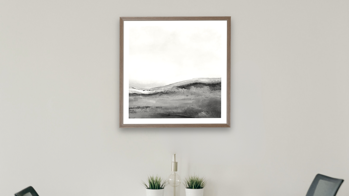 Mono Landscape 2 by Dan Hobday, shown at 32 × 32 in (81.3 × 81.3 cm) in Arber Light Walnut, boardroom