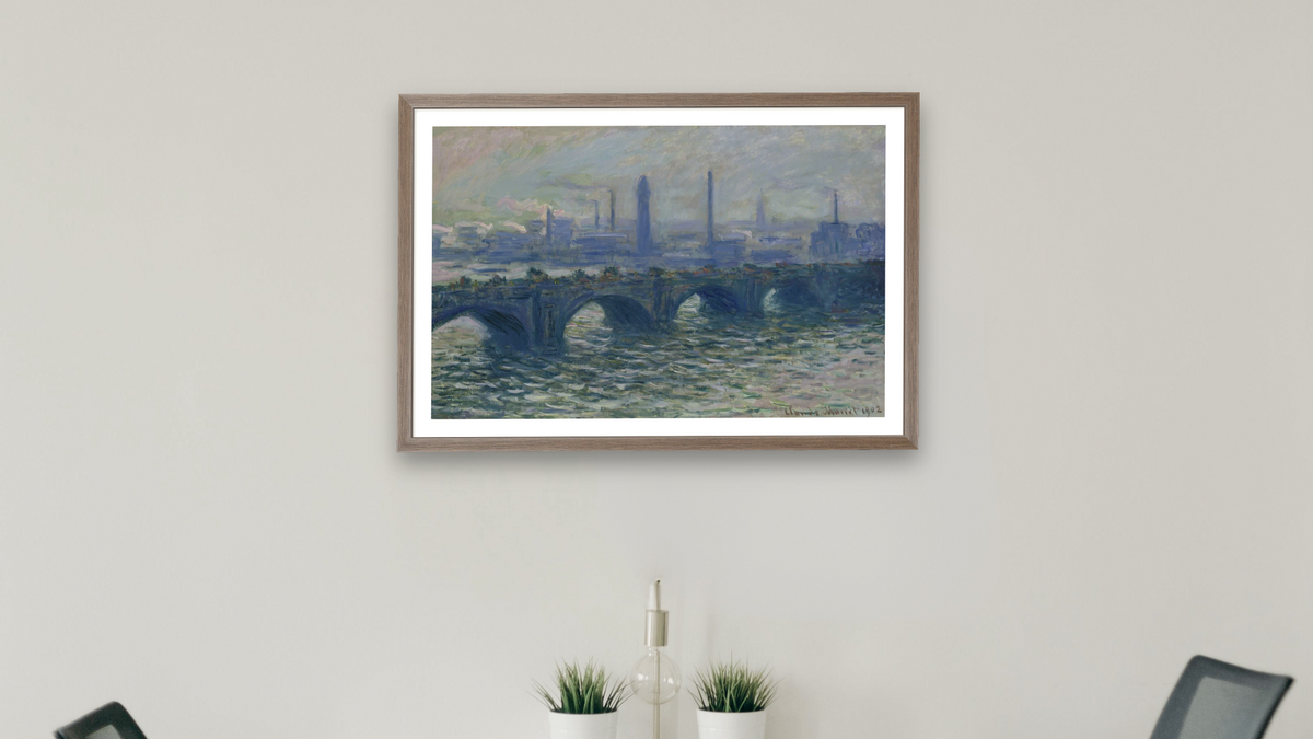 Waterloo Bridge by Claude Monet, shown at 27 × 42 in (68.6 × 106.7 cm) in Arber Light Walnut, boardroom